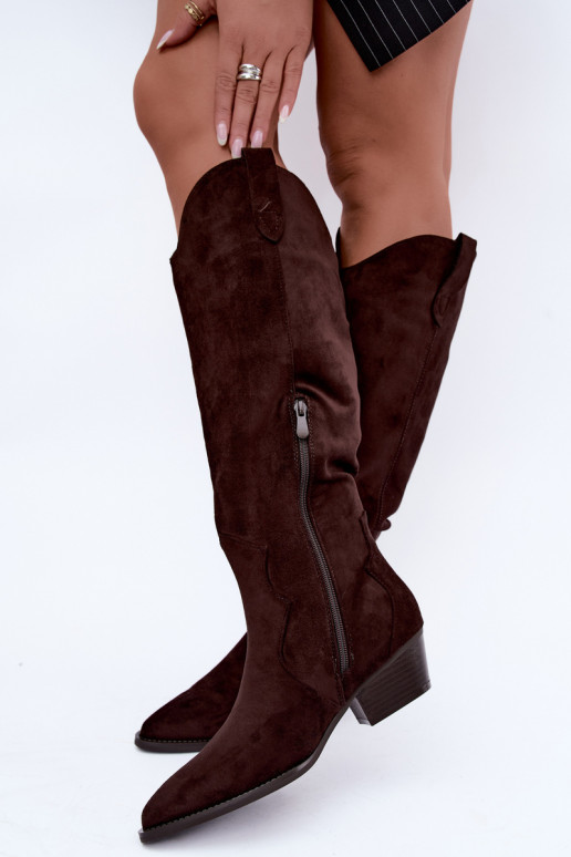 Warm knee-high cowboy-style boots with heels in brown Renissa