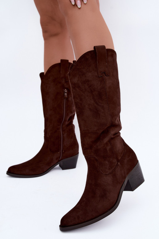 Warm knee-high cowboy-style boots with heels in brown Rialene
