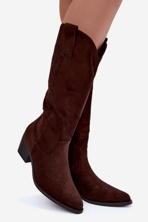 Warm knee-high cowboy-style boots with heels in brown Rialene