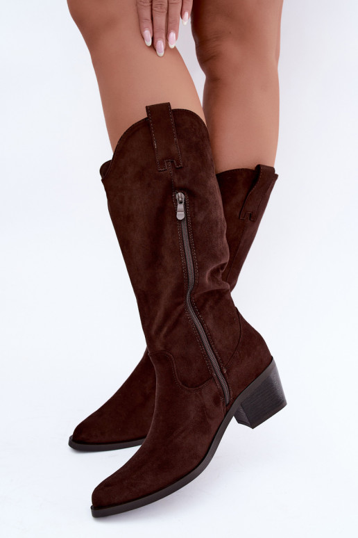 Warm knee-high cowboy-style boots with heels in brown Rialene