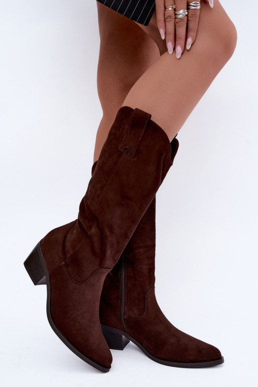 Warm knee-high cowboy-style boots with heels in brown Rialene