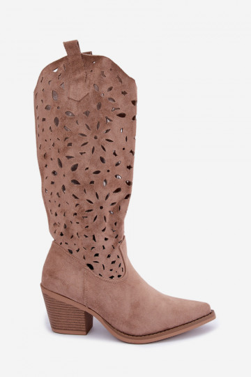 Cut-out knee-high cowboy-style boots with heels in sand Salirae 2