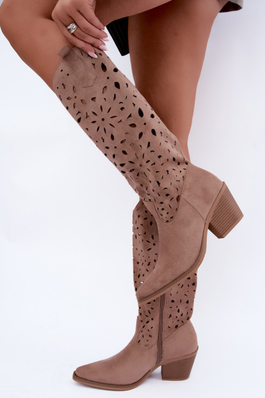 Cut-out knee-high cowboy-style boots with heels in sand Salirae