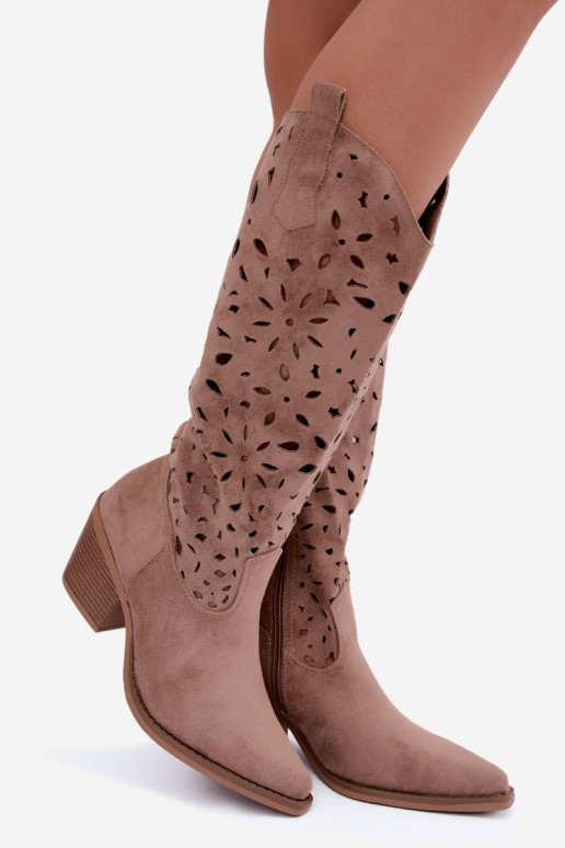 Cut-out knee-high cowboy-style boots with heels in sand Salirae