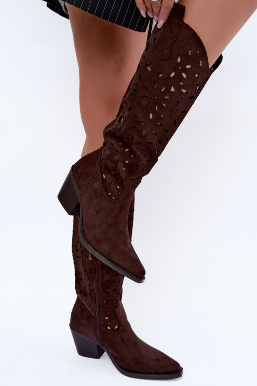 Cut-out knee-high cowboy-style boots with heels in brown Salirae