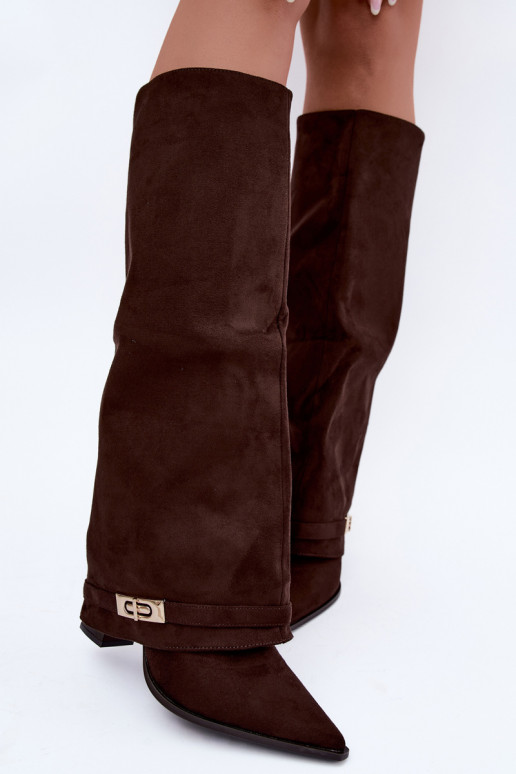 Warm knee-high boots with sewn-in choleika and heels in brown Jorella