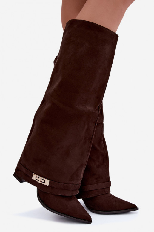 Warm knee-high boots with sewn-in choleika and heels in brown Jorella