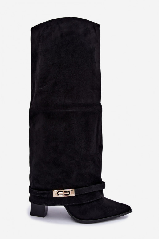 Warm knee-high boots with sewn-in choleika and heels in black Jorella