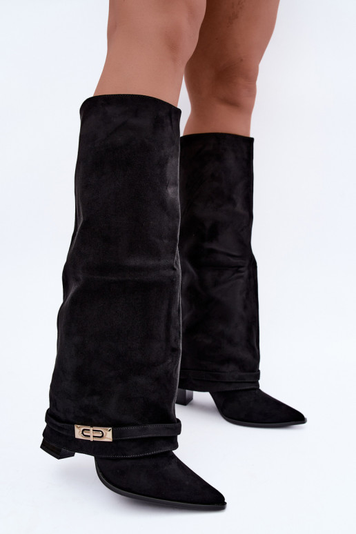 Warm knee-high boots with sewn-in choleika and heels in black Jorella