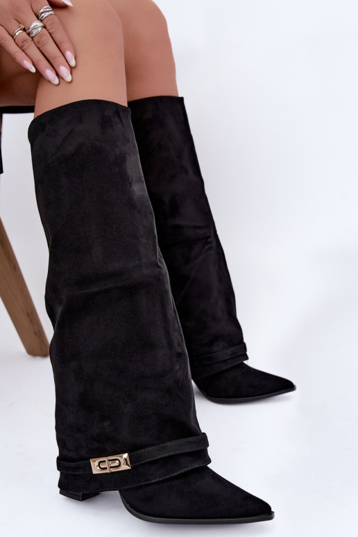Warm knee-high boots with sewn-in choleika and heels in black Jorella