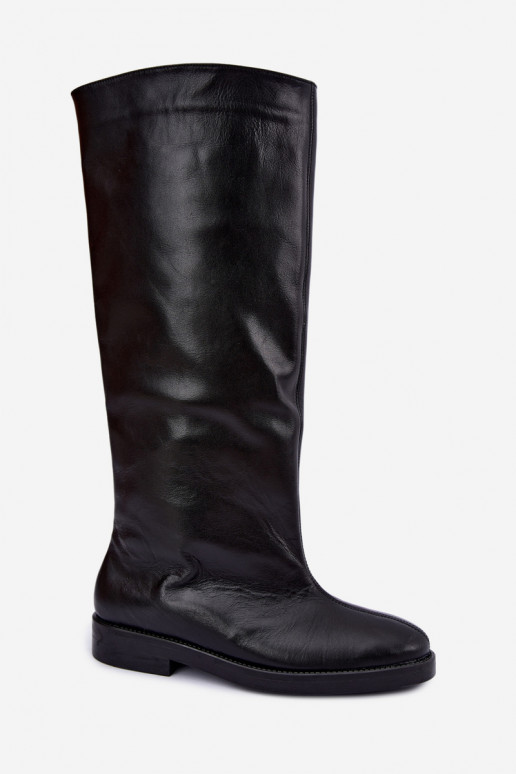 Warm leather knee-high boots with wide heels in black Zazoo 542