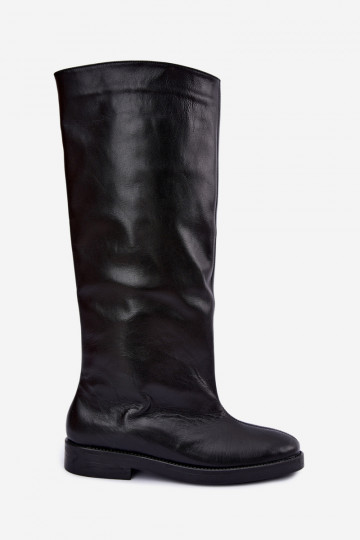 Warm leather knee-high boots with wide heels in black Zazoo 542 2