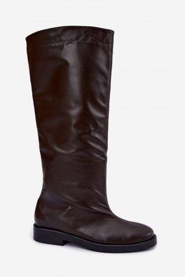 Warm leather knee-high boots with wide heels in brown Zazoo 542
