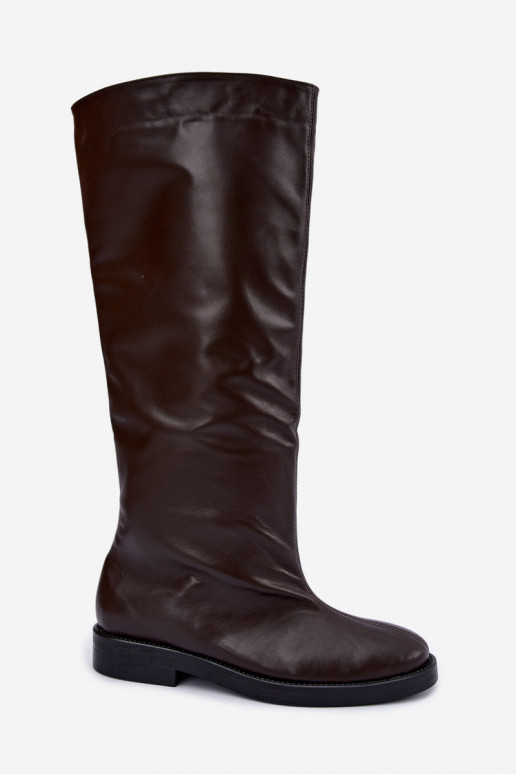 Warm leather knee-high boots with wide heels in brown Zazoo 542