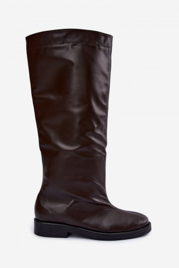 Warm leather knee-high boots with wide heels in brown Zazoo 542 2