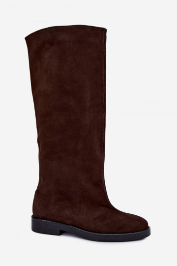 Warm knee-high boots in faux suede with wide heels in brown Zazoo 542