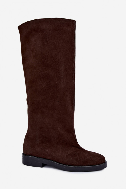 Warm knee-high boots in faux suede with wide heels in brown Zazoo 542