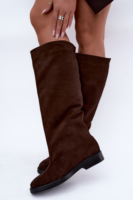 Warm knee-high boots in faux suede with wide heels in brown Zazoo 542