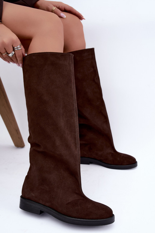 Warm knee-high boots in faux suede with wide heels in brown Zazoo 542