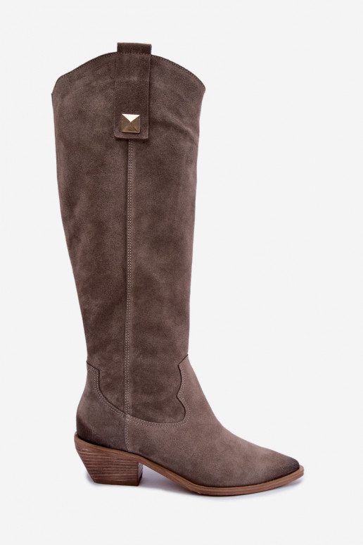 Warm knee-high boots in faux suede cowboy-style in clay Zazoo 4224