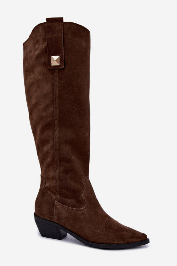 Warm knee-high boots in faux suede cowboy-style in brown Zazoo 4224