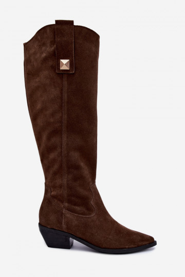Warm knee-high boots in faux suede cowboy-style in brown Zazoo 4224 2