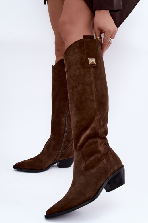 Warm knee-high boots in faux suede cowboy-style in brown Zazoo 4224