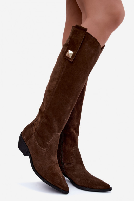 Warm knee-high boots in faux suede cowboy-style in brown Zazoo 4224