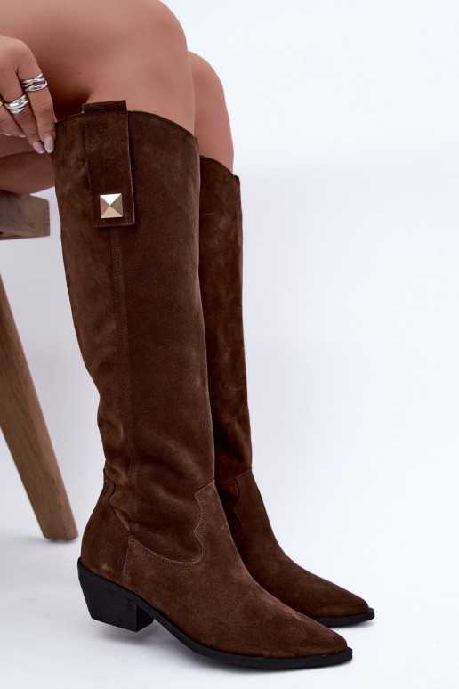 Warm knee-high boots in faux suede cowboy-style in brown Zazoo 4224