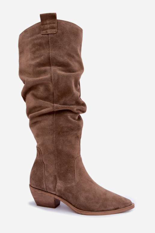 Warm wrinkled knee-high boots in faux suede cowboy-style in brown Zazoo 4313