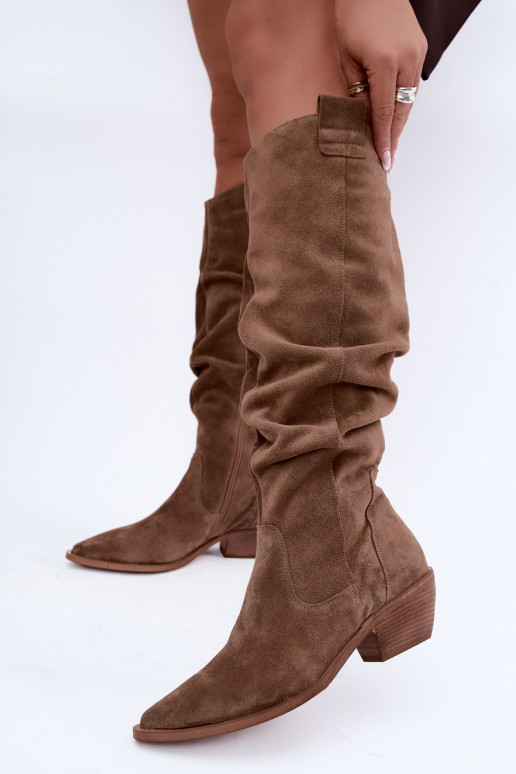 Warm wrinkled knee-high boots in faux suede cowboy-style in brown Zazoo 4313