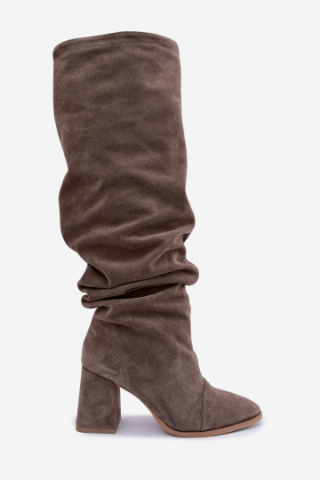 Warm wrinkled knee-high boots in faux suede with heels in clay Zazoo 4228 2