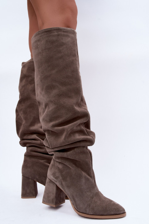 Warm wrinkled knee-high boots in faux suede with heels in clay Zazoo 4228