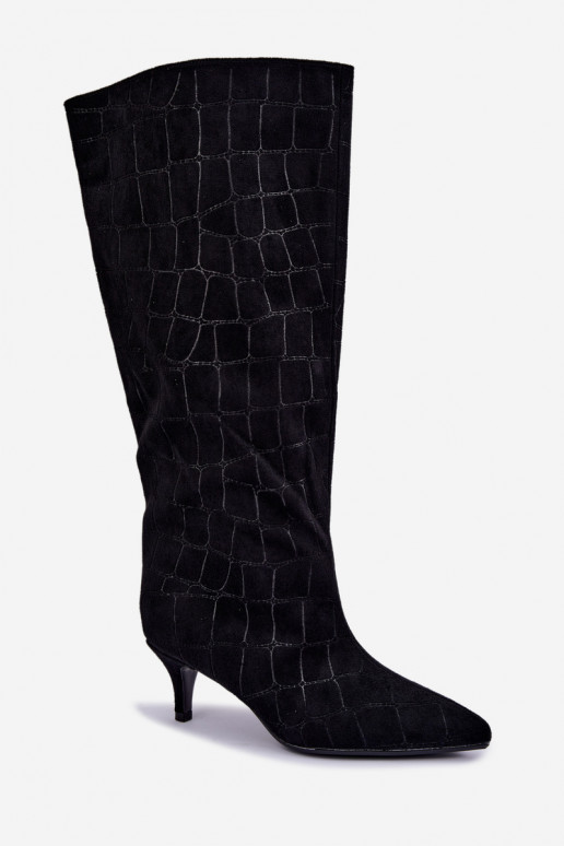 Black slip-on over-the-knee boots with embossed details and heels Cazelle
