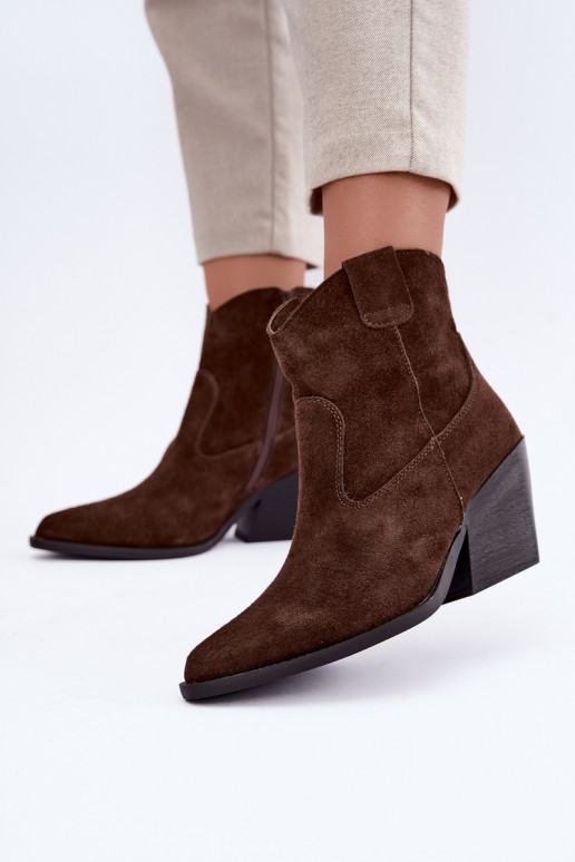 faux fur lined suede cowboy style boots with heels in brown color Tirabelle