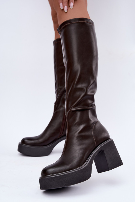 Women's knee-high boots with platform and heels in faux leather chocolate color Nesalie