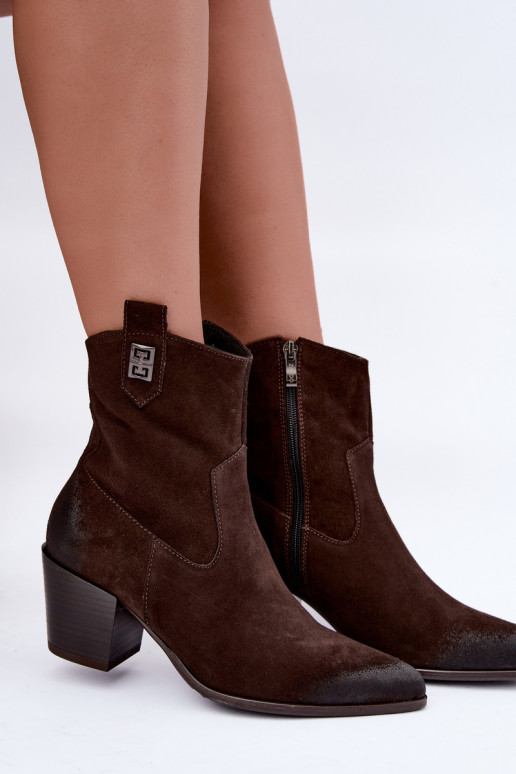 Women's insulated cowboy-style ankle boots with heels in natural suede Zazoo 60603