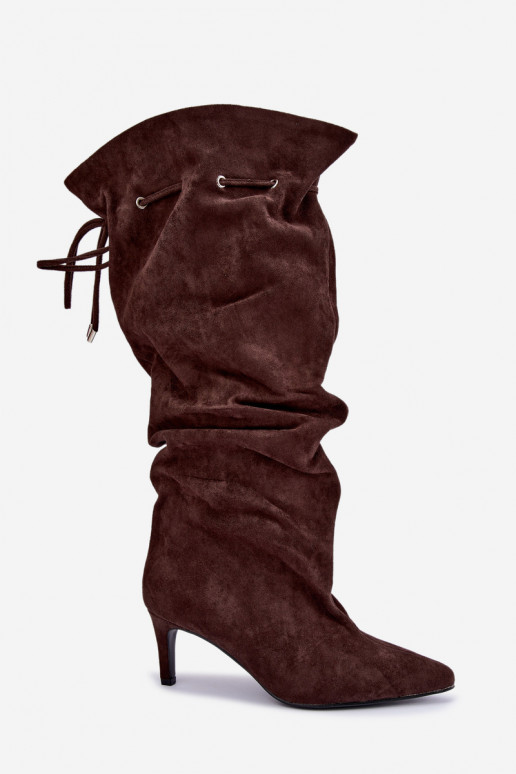 warm slip-on knee-high boots with thin heels and stylish details in chocolate color Tivelle