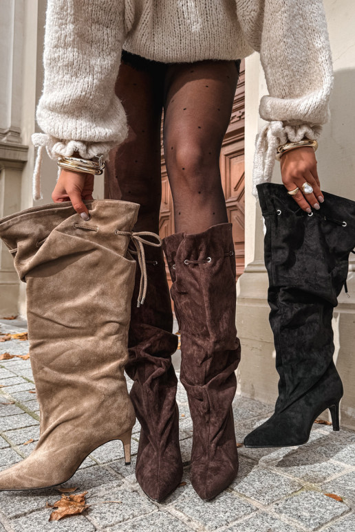 warm slip-on knee-high boots with thin heels and stylish details in chocolate color Tivelle