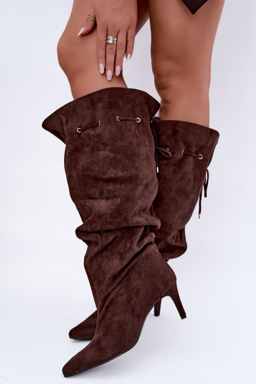 warm slip-on knee-high boots with thin heels and stylish details in chocolate color Tivelle