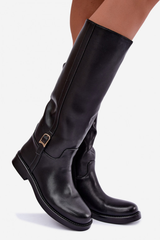 knee-high boots with buckles and wide heels in black color Ismerelle