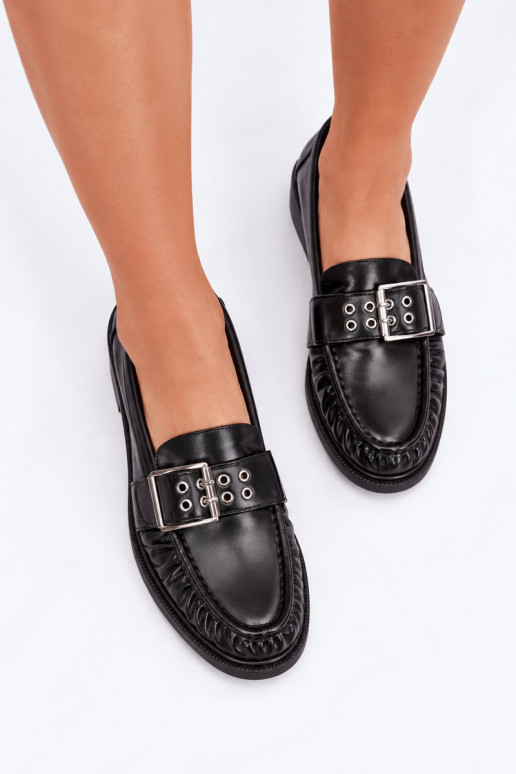 Women's moccasins with ruffles and buckles in black Daliare