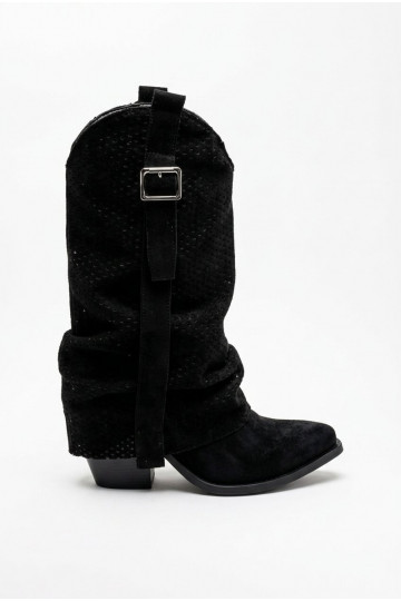 Black cowboy-style knee-high boots with a pointed toe and heels Calenne