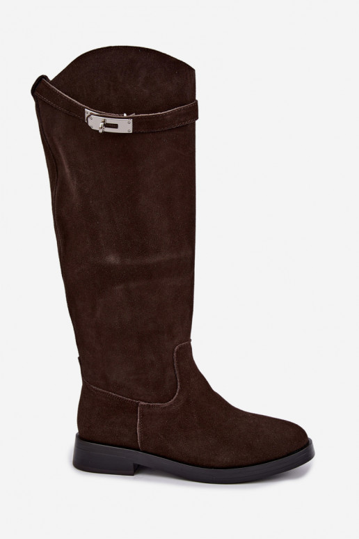 Chocolate-colored suede over-the-knee boots with decorative straps Clarimond