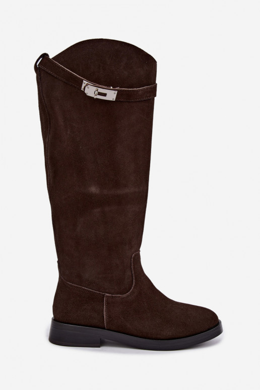 Chocolate-colored suede over-the-knee boots with decorative straps Clarimond