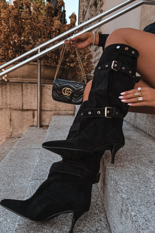 Slip-on knee-high boots with thin heels and straps in black color Isabeau