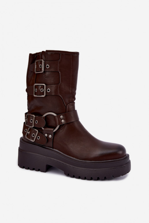Warm ankle boots with platform and buckles in chocolate color Gilmora