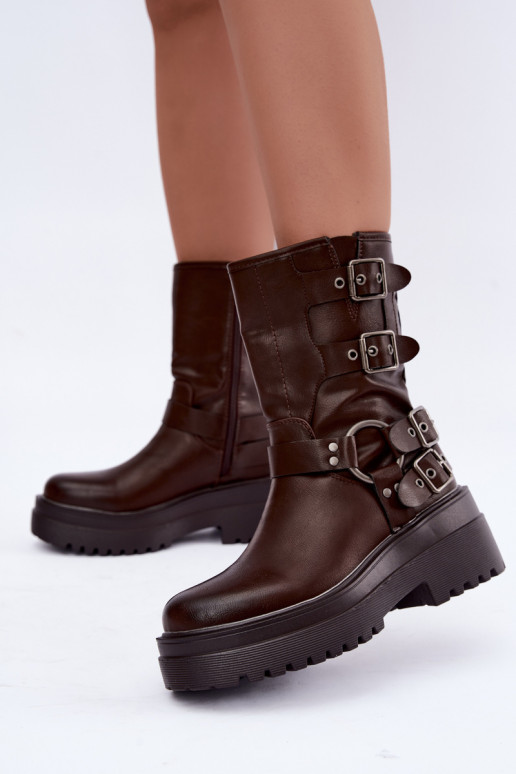 Warm ankle boots with platform and buckles in chocolate color Gilmora