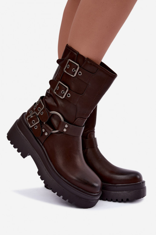Warm ankle boots with platform and buckles in chocolate color Gilmora