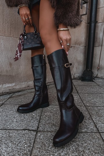 Women's knee-high boots with wide heels and straps with buckles in chocolate color Sylvena